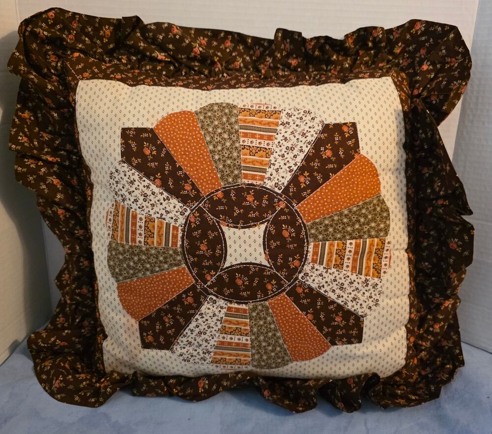 Vintage Dresden Plate Quilted Throw Pillow 18” Ruffle Brown Orange Handmade